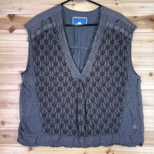 Burning Torch Blouse Womens Large Olive Green Eyelet Crocheted Sleeveless Shirt